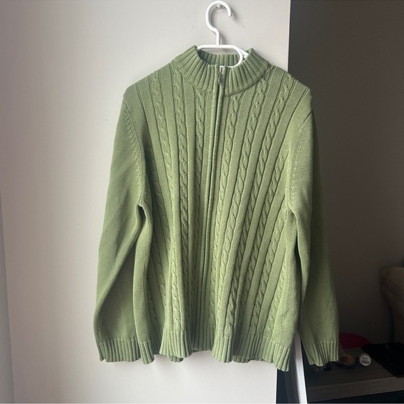 Tradition Sweaters - Tradition Country Collection Cable Knit Zip Sage Sweater XL Vintage